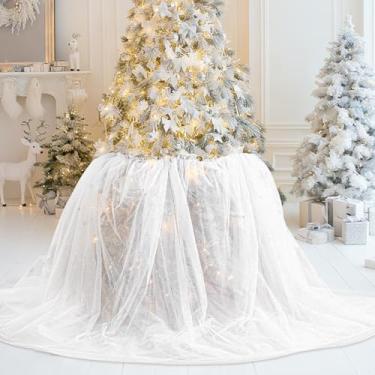 Imagem de Vertintong Saia grande de tule fofo com gola de árvore de Natal de 1,2 m x 3,3 m, plissada, brilhante, tutu para árvore de tutu, decorações românticas de camada dupla para decorações de Natal e