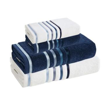 Imagem de Jogo de Toalhas de Banho Grandes e Macias 4 Peças – 100% Algodão Fio Penteado Banhão + Rosto (AZUL MARINHO/BRANCA)