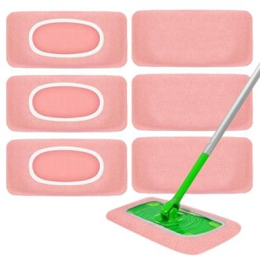 Imagem de Pacote com 6 almofadas de esfregão de microfibra reutilizáveis - compatíveis com esfregão Swiffer, refis de panos laváveis, secos e molhados para limpeza de piso de azulejo laminado de madeira