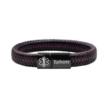 Imagem de Oneress Pulseira de alerta médico para homens e mulheres, pulseira preta com fecho de aço inoxidável para identificação de emergência, pulseira de couro PU com informações de saúde YA5551, Emergency