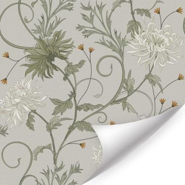 Imagem de LHIUEM Papel de parede cinza descascar e colar, papel de parede de flores vintage, murais de sálvia verde (44 x 300 cm) decoração de parede boho floral branco autoadesivo, folhas botânicas cinza mural