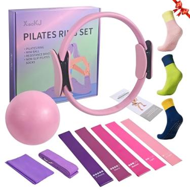 Imagem de XiaoKJ Conjunto de anel e bola de Pilates com 5 faixas de resistência - Equipamento de Pilates para treino em casa - Anel de Pilates Círculo Mágico 35,5 cm para tonificar, esculpir e fortalecer - Anel