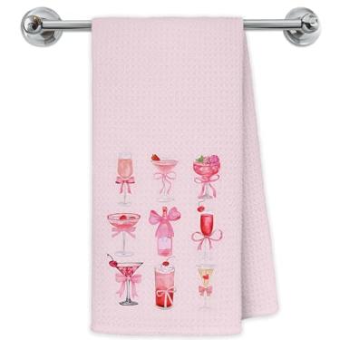 Imagem de Exqcom Toalha de cozinha de champanhe com laço de coquete rosa, presentes para amantes de coquetéis, toalhas de barra de mão para cozinha, toalhas de prato decorativas para bebidas estéticas rosa
