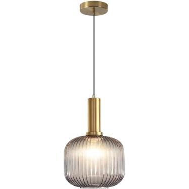 Imagem de KCO Luminária pendente de vidro fumê de meados do século antigo latão antigo ilha de cozinha iluminação pendente globo de vidro listrado moderno luminária pendente industrial grande