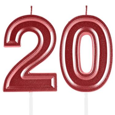 Imagem de Velas de aniversário de 20 anos, numerais vermelhos, 20 topper de bolo, decoração para meninas, meninos, tema de aniversário, festa de casamento, artigos de celebração