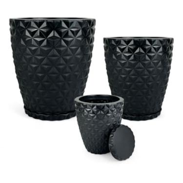 Imagem de Kit 3 Vasos Marmorizados Decorativos Planta de Luxo ou Flor Polietileno Coluna polida N1 N2 + Bojo N1 Com Pratos vasos para plantas ((A96+A50+A76) PRETO)