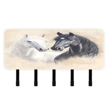 Imagem de Burbuja Porta-chaves de cavalo preto branco com 5 ganchos, porta-chaves autoadesivo montado na parede, organizador de armazenamento de correio para entrada, decoração de casa