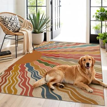 Imagem de Tapete lavável de juta, 7,5 x 12,7 cm, arco-íris, moderno, boêmio, retrô, externo, pátio, área pequena, tapete de tecido, ultrafino, antiderrapante, tapete de porta para quarto, entrada, porta da