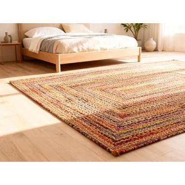Imagem de Craft Trade Tapete de juta tecido à mão, tapete reversível de fibra natural premium, tapete estilo casa de fazenda boho multicolorido para sala de estar, sala de jantar, corredor e áreas de alto