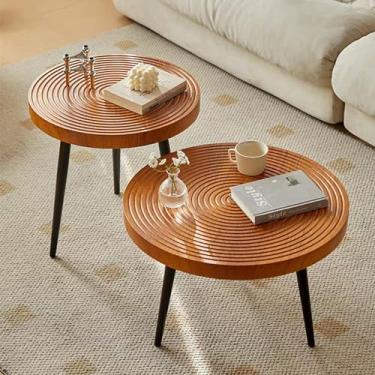 Imagem de Mesa de centro redonda, mesa de centro moderna conjunto de 2 superfícies de madeira com moldura de metal, mesa lateral pequena, mesa lateral para sala de estar, mesa central simples moderna (cor