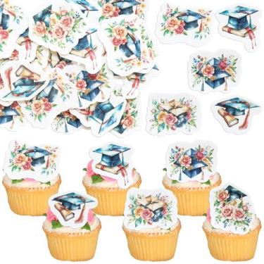 Imagem de Ephlyn 54 peças comestíveis 2025 enfeites de cupcake de graduação papel wafer flor graduado boné palhetas diploma feito parabéns decoração de bolo de graduação para classe de 2025 suprimentos de festa