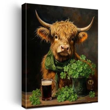 Imagem de Nurawo Decoração de parede do Dia de São Patrício, vaca alta com trevo, impressão em tela, trevo verde irlandês, pintura em pôster emoldurado para decoração de bar, sala de estar, 20 x 25 cm