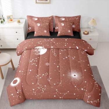 Imagem de Erosebridal Conjunto de edredom Galaxy Queen, 7 peças, cama de constelação marrom em uma bolsa, conjunto de cama de céu estrelado com edredom, lençóis, fronhas, espaço sideral, universo, estampa de