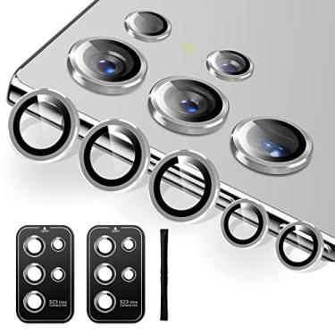 Imagem de BPZZ [Pacote com 5 + 5] Protetor de lente de câmera Ultra para Samsung Galaxy S23 Ultra 9H Protetor de tela de vidro temperado para S23 Ultra Accessories Capa de lente de borda de alumínio HD transparente, compatível com 2 conjuntos [prata]