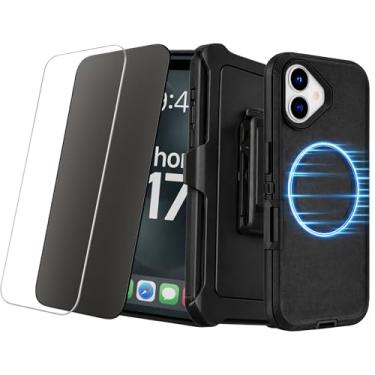 Imagem de Capa robusta para iPhone 17 com proteção de camada tripla Inclui coldre de clipe de cinto de 360° com suporte, compatível com MagSafe, protetores de tela elevados, 1 pacote (1x transparente + 1x