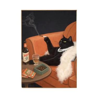 Imagem de Pôster Vintage De Gato Preto Fumando Cigarro, Arte Retrô, Decoração De