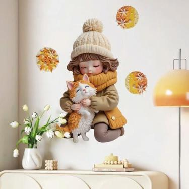 Imagem de Adesivos de parede Cute Girl with Cat 3D Effect PVC Wall Art Dec - yiw