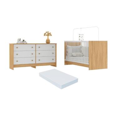 Imagem de Berço 3 Em 1 Com Colchão Incluso E Cômoda Framboesa Multimóveis MP4680 Madeirado-branco