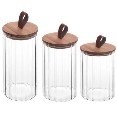 Imagem de Conjunto de 3 Potes de Vidro Canelado com Tampa Hermética de Acácia Wo