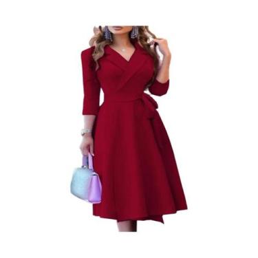 Imagem de Vestido Feminino Com Decote Em V E Manga Média, Cintura Ajustável, Est