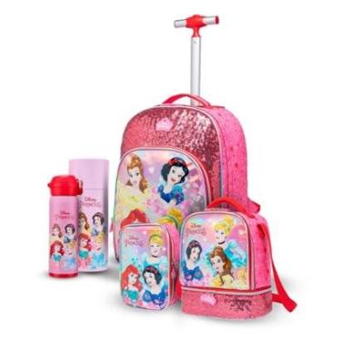 Imagem de Kit Escolar Princesas Clássicas Mochila Rodinha Lancheira Térmica Estojo Duplo Garrafa...