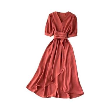 Imagem de Vestido Feminino Com Decote Em V, Cor Sólida, Manga Bufante, Borda Irr