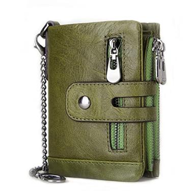 Imagem de Carteira Masculina Couro Genuíno Dobrável, Bolso para Moedas, Clipe para Dinheiro Bloqueio de RFID Corrente Zíper Chaveiro Verde