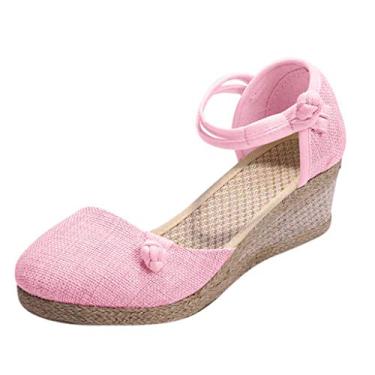 Imagem de Sandálias femininas femininas retrô de linho de lona anabela bico redondo sandálias casuais sapatos únicos, rosa, 6