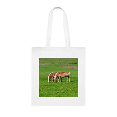 Imagem de Bolsa de dois cavalos marrons agarrando no prado, presente divertido, bolsa de ombro, bolsas reutilizáveis, ideia de presente de cesta de Natal de aniversário, Branco