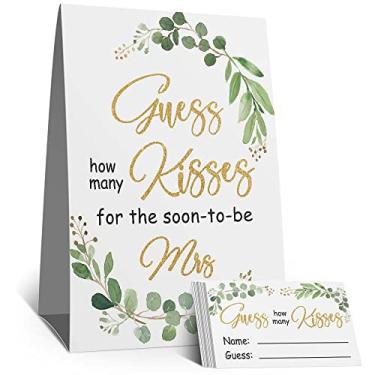 Imagem de Placa e cartas do jogo How Many Kisses Bridal Showers, festa de chá de noiva de folha de eucalipto, adivinhe quantos beijos para a futura Sra, roupa de banho de noiva dourada (1 sinal + 50 cartas)