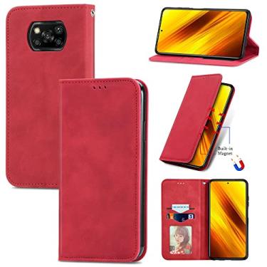Imagem de Capas de telefone magnéticas com sensação de pele compatíveis com Xiaomi Poco X3 NFC capa de couro slots de cartão de visita de luxo clipe de carteira à prova de choque (vermelho, Xiaomi Poco X3 NFC)