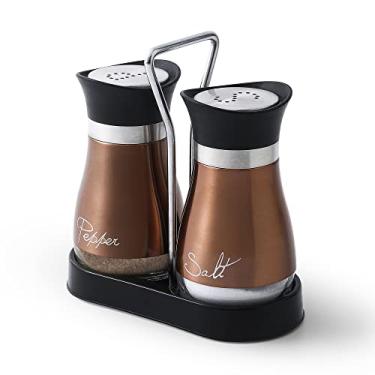 Imagem de Conjunto de saleiro e pimenteiro, aço inoxidável com garrafa de vidro para mesa, trailer, acampamento, churrasco, conjunto de 2, cobre