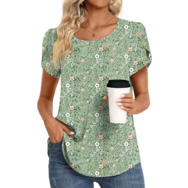 Imagem de HOTGIFT Camiseta feminina casual confortável solta leve túnica tops macia elástica camiseta blusa básica, Flores verdes, GG