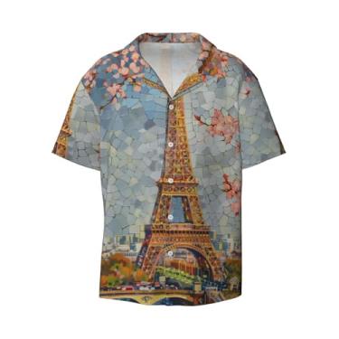 Imagem de IYOVI Linda camisa havaiana com estampa de pato para homens, camisa solta de manga curta Cuba com botões, camisa de praia de verão,, Torre Eiffel, P