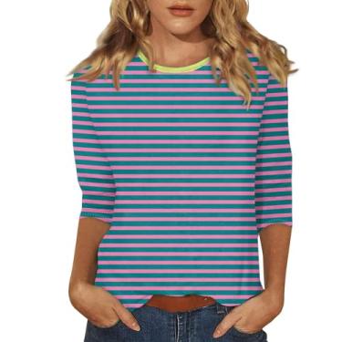 Imagem de Camisetas femininas listradas colorblock manga 3/4 comprimento gola redonda blusas casuais moda verão 2024 moda túnica elegante, X1 - Azul, G