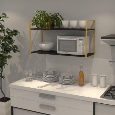 Imagem de Prateleira Industrial Parede ou Suspensa Dourada Aço e Madeira 50x40x8