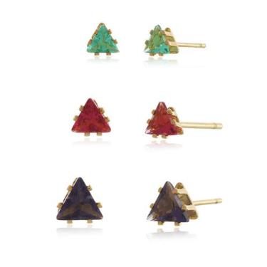 Imagem de Trio de Brincos Triângulos Semi Joias Banhado Ouro 18k - Stella Semi J