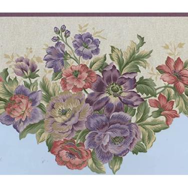 Imagem de CONCORD WALLCOVERINGS ™ Papel de parede borda padrão floral flores folhas para sala de estar, roxo verde vermelho rosa creme, 25,5 cm x 3,5 m 5806432