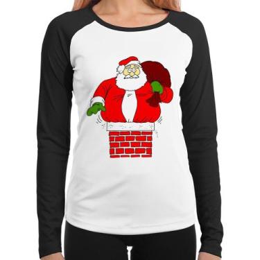 Imagem de Baby Look Raglan Papai Noel Chaminé Manga Longa - Foca na Moda, Branco