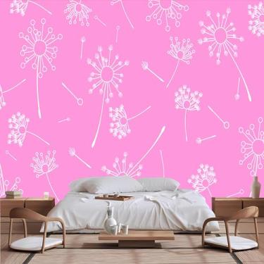 Imagem de Lcythiazole Mural de papel de parede de dente-de-leão com tamanho personalizável, adesivo de parede de dente-de-leão branco com fundo rosa, pintura decorativa para quarto de meninas, sala de estar