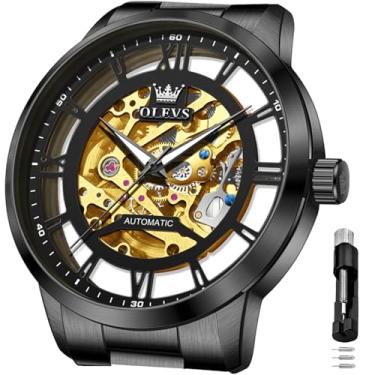 Imagem de OLEVS Relógios automáticos masculinos 43 mm esqueleto mostrador grande 3 ponteiros relógio de aço inoxidável vestido de luxo mecânico à prova d'água luminoso Wirst relógio presente, Preto, Relógio