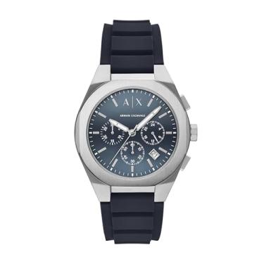 Imagem de Armani Exchange Relógio masculino com cronógrafo A|X; relógio masculino com pulseira de couro, aço inoxidável ou silicone, Silicone prata/azul, Sincronização