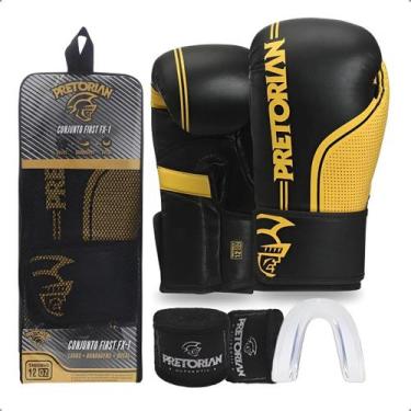 Imagem de Kit Luvas de Boxe Muay Thai First FX1 Preto-Amarelo, Band e Bucal Pret
