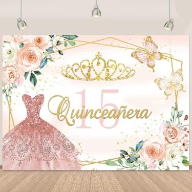 Imagem de Vestido de princesa rosa de 15 anos de quinze anos de quinze anos, pano de fundo para menina doce, coroa dourada, fundo fotográfico, borboleta, floral, feliz aniversário de 15 anos, decorações de 18 x