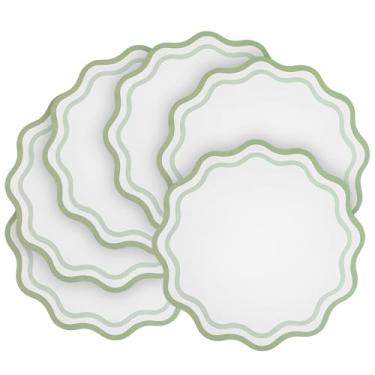 Imagem de Conjunto de 6 jogos americanos de couro sintético verde sálvia 33 cm redondo reversível com borda recortada jogo americano de couro lavável resistente ao calor tapete de mesa de jantar impermeável