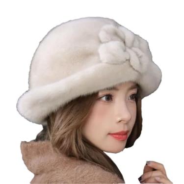 Imagem de Chapéu feminino de proteção de ouvido com cabelo verdadeiro, boina espessa, russo, inverno, ao ar livre, à prova de vento, bege