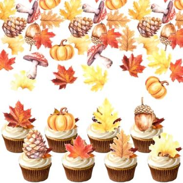 Imagem de Rsstarxi 63 Pack Edible Fall Leaves Cupcake Toppers Maple Leaves Cake Decorations Leaf Fall Baking Pumpkin Cupcake Picks for Autumn Thanksgiving Day Baby Shower Party Decorations Supplies