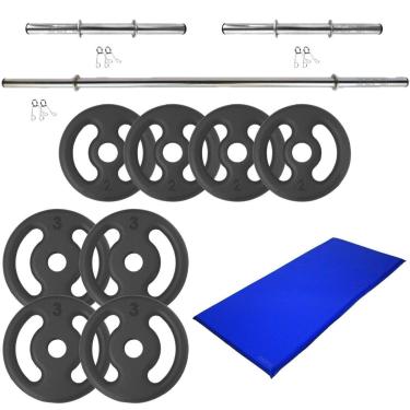 Imagem de Kit de 20Kg em Anilhas de Ferro com Barras de Tubo e Colchonete-Unissex