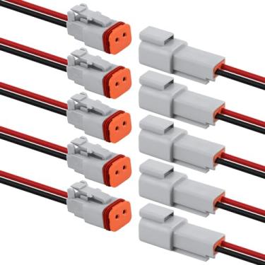 Imagem de 5 conjuntos de conectores DT de 2 pinos, conector elétrico automotivo à prova d'água macho e fêmea chicote de fios para kit de conectores Deutsch com fio de cabo 16 AWG para carro, caminhão, barco