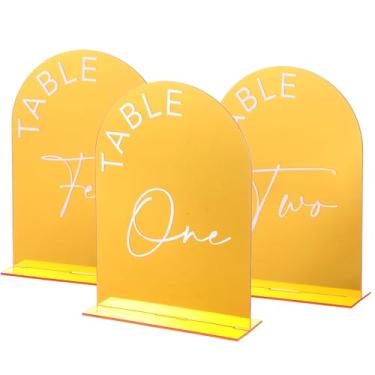 Imagem de Números de mesa de casamento em arco espelhado dourado 1-20, números de mesa espelhados de acrílico 12,7 x 18 cm com suportes, 1-20 suportes de números de mesas douradas para recepções de casamento